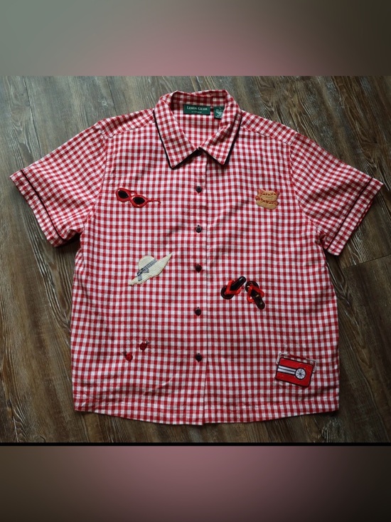 Lemon Grass Tops - Red Gingham Picnic Novelty Applique Rockabilly Blouse Top Womens Large